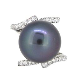 18KT White Gold 13mm Tahitian Pearl and Diamond Ring