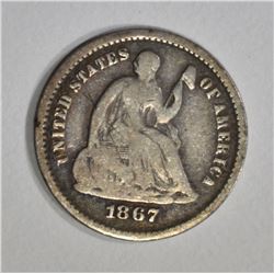 1867-S SEATED HALF DIME, VG/F  a few marks