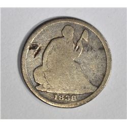 1838-O  SEATED HALF DIME, GOOD few marks KEY DATE