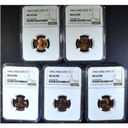 5 1960 LG DATE LINCOLN CENTS NGC MS-66 RD