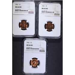 3 - 1961 LINCOLN CENTS NGC MS66RD
