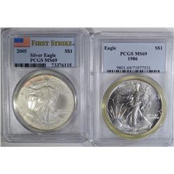 1986 & 2005 AMERICAN SILVER EAGLE DOLLARS