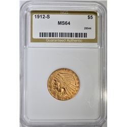 1912-S $5 GOLD INDIAN HEAD NGS CH BU