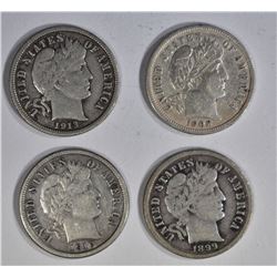 1908-D, 13 & 16-S XF/AU & 1899 F/VF  BARBER DIMES,
