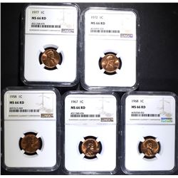 5 P MINT LINCOLN CENTS NGC MS-66 RD