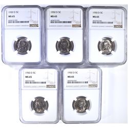 5 - 1950 D JEFFERSON NICKELS NGC MS65