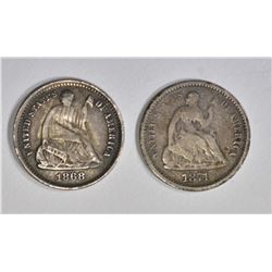 1868-S VF damaged & 1871-S VG/F SEATED HALF DIMES