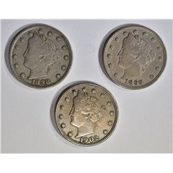 1898, 99 & 1902 VF/XF LIBERTY NICKELS