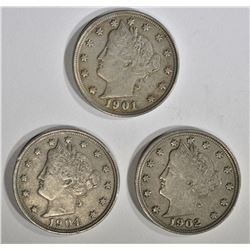 1901, 02 & 04 XF LIBERTY NICKELS