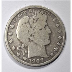 1907-S BARBER HALF DOLLAR, VG/F