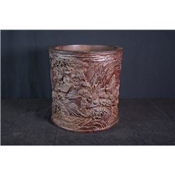 A big wood carving brush pot with " Xian Ju Tu" pattern.