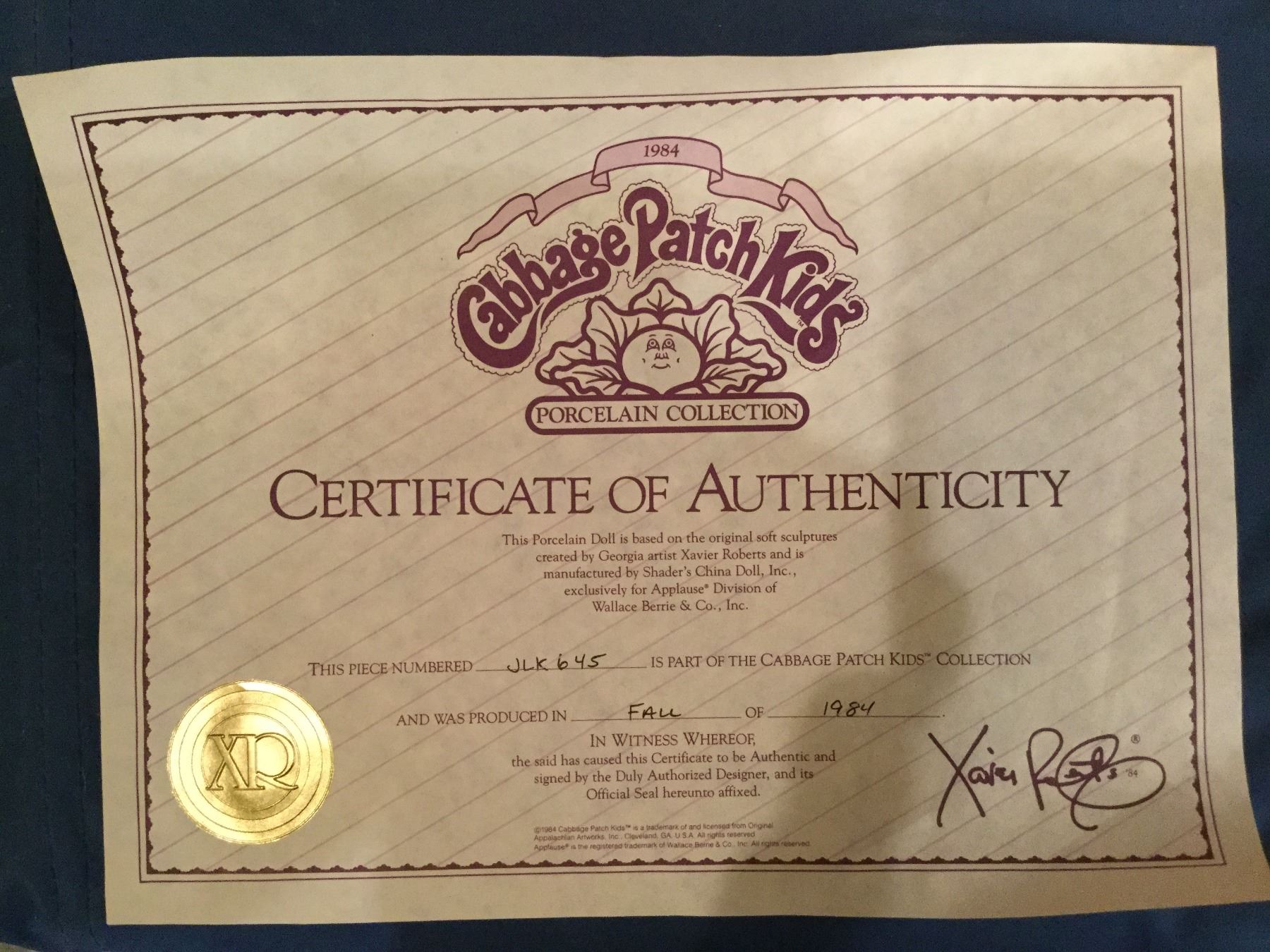 porcelain cabbage patch doll 1984