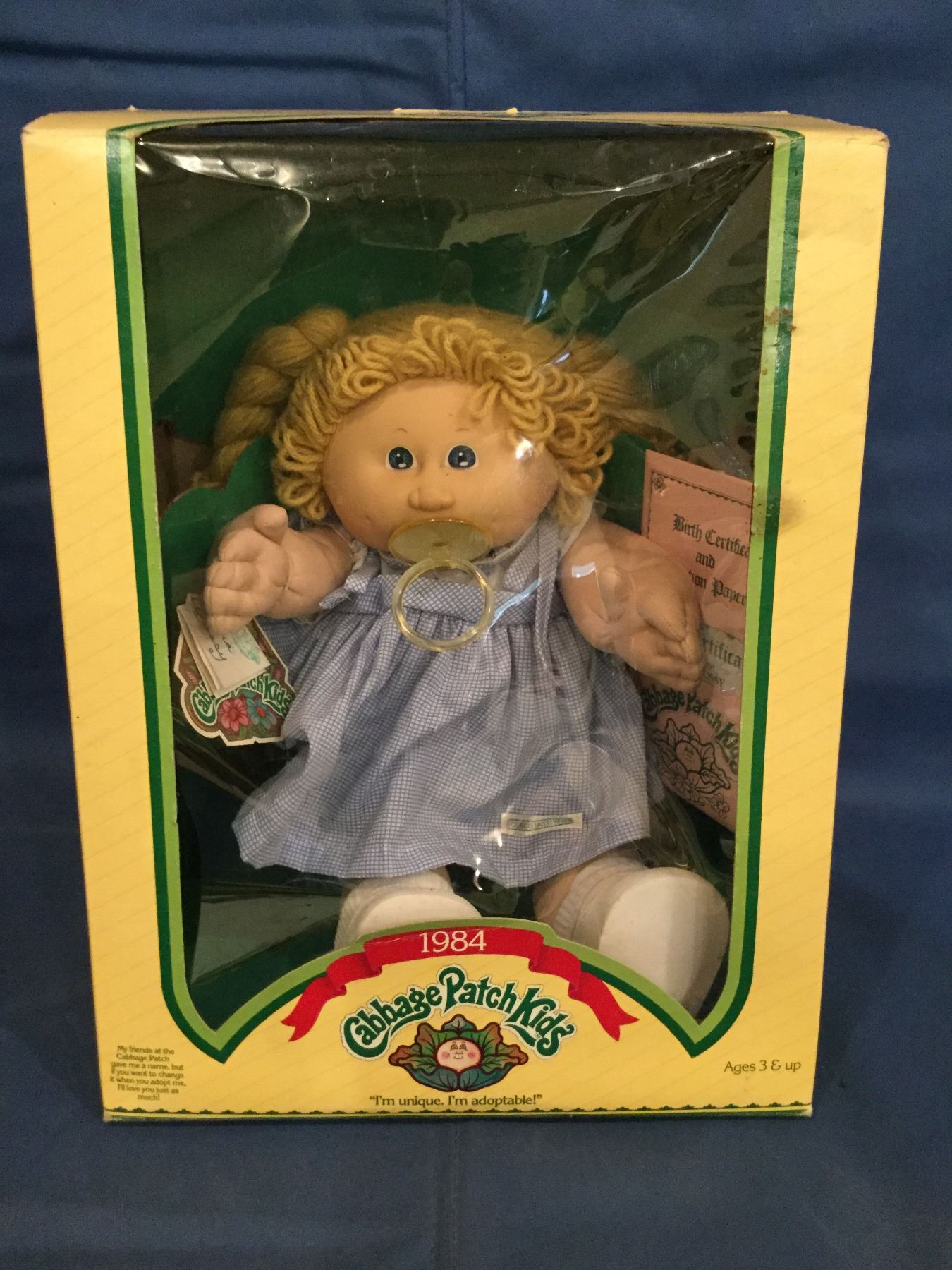 1984 Cabbage Patch Kids Box with doll with certificate Alma Gussy with Paci