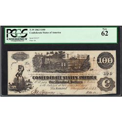 1862 $100 Confederate States of America Note T-39 PCGS New 62