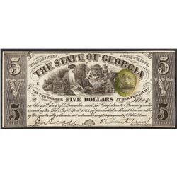 1864 $5 The State of Georgia Milledgeville Obsolete Note