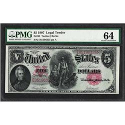 1907 $5 Woodchopper Legal Tender Note Fr.88 PMG Choice Uncirculated 64