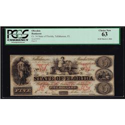 1864 $5 State of Florida Tallahassee Obsolete Bank Note PCGS Choice New 63