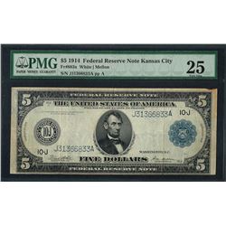 1914 $5 Federal Reserve Note Kansas City Fr.883a PMG Very Fine 25