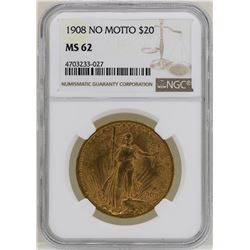1908 $20 No Motto St. Gaudens Double Eagle Gold Coin NGC MS62