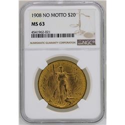 1908 No Motto $20 St. Gaudens Double Eagle Gold Coin NGC MS63