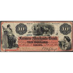 1864 $10 Farmers and Merchants Bank Elkton, MD Obsolete Note