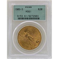 1909-S $20 St. Gaudens Double Eagle Gold Coin PCGS MS61