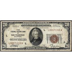 1929 $20 Federal Reserve Bank Note San Francisco