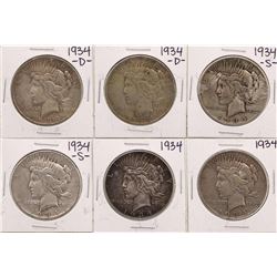 Lot of (2) 1934, (2) 1934-D, & (2) 1934-S $1 Peace Silver Dollar Coins