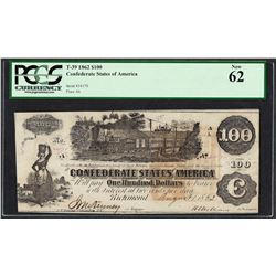 1862 $100 Confederate States of America Note T-39 PCGS New 62