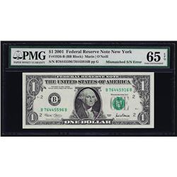2001 $1 Federal Reserve Note Mismatched Serial Number ERROR PMG Gem Unc. 65EPQ