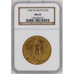 1908 $20 No Motto St. Gaudens Double Eagle Gold Coin NGC MS64