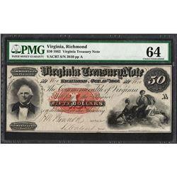 1862 $50 Virginia Treasury Note Obsolete Note PMG Choice Uncirculated 64