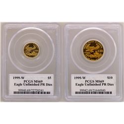 Lot of Rare 1999-W $5 & $10 American Gold Eagle Coins PCGS MS69 Unfinished PR Di