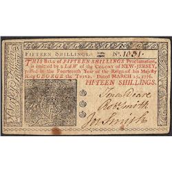March 25, 1776 New Jersey Fifteen Shillings Colonial Currency Note