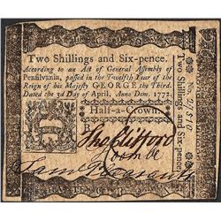 April 3, 1772 Pennsylvania Two Shillings Six Pence Colonial Currency Note