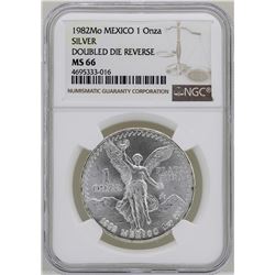 1982Mo Mexico Libertad Onza Doubled Die Reverse Silver Coin NGC MS66