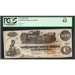 1862 $100 Confederate States of America Note T-39 PCGS New 62