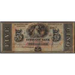 1800's $5 Citizens Bank of Louisiana Obsolete Note