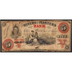 1860 $5 Miners and Planters Bank North Carolina Obsolete Note