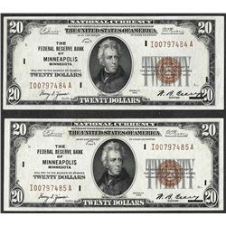 (2) Consecutive 1929 $20 Federal Reserve Notes Minneapolis, MN Partial Misalignm