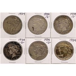 Lot of (2) 1934, (2) 1934-D, & (2) 1934-S $1 Peace Silver Dollar Coins