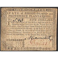July 2, 1780 $5 Rhode Island Colonial Currency Note