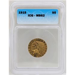 1915-S $5 Indian Head Half Eagle Gold Coin ICG MS62
