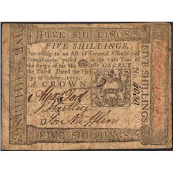 October 1, 1773 Pennsylvania Five Shillings Colonial Currency Note
