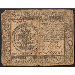 November 29, 1775 $5 Continental Currency Note Signed by Samul Morris