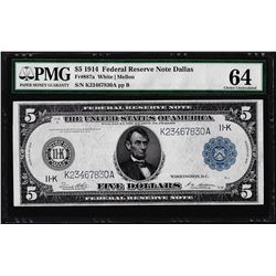 1914 $5 Federal Reserve Note Dallas Fr.887a PMG Choice Uncirculated 64
