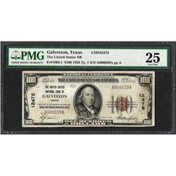 1929 $100 United States NB of Galveston, TX Note CH# 12475 PMG Very Fine 25