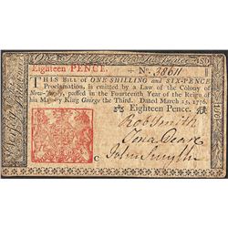March 25, 1776 New Jersey Eighteen Pence Colonial Currency Note