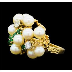 0.65 ctw Diamond, Emerald and Pearl Ring - 14KT Yellow Gold
