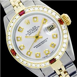 Rolex Ladies Two Tone 14K Gold/SS, Diam Dial & Diam/Ruby Bezel, Sapphire Crystal - REF-434X6Y